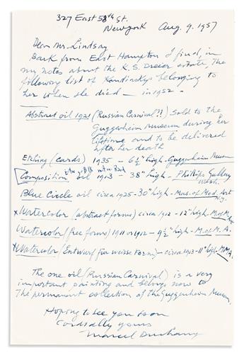 DUCHAMP, MARCEL. Autograph Letter Signed, to art historian Kenneth C. Lindsay (Dear Mr. Lindsay),